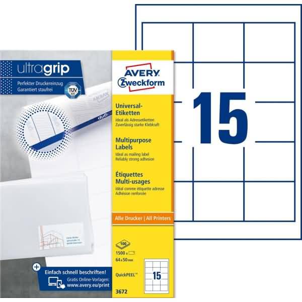 Universal-Etiketten ultragrip 64x50 mm VE=1.500 Etiketten / 100 Bogen weiß