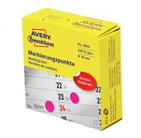 Avery Zweckform Markierungspunkte Packung, gelbe Schachtel mit der Aufschrift 'Markierungspunkte' mit rosa Haftklebepunkten zum Kennzeichnen oder Markieren in Kalendern.