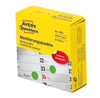 Gelbe Avery Zweckform Box mit Markierungspunkten, kreisförmige Klebeetiketten in Grün und Rot zum Markieren von Gegenständen oder Daten.