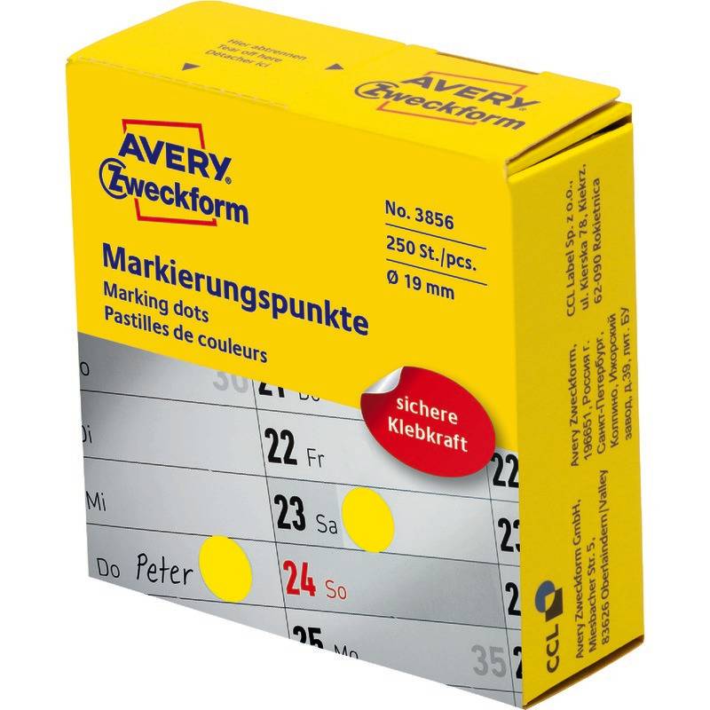 AVERY® Zweckform 3856 Markierungspunkte, Ø 19 mm, 1 Rolle/250 Etiketten, gelb