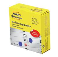 Gelbes Paket mit Avery Zweckform Markierungspunkten mit rotem Etikett, das mehrfarbige selbstklebende Kalendermarkierungen zeigt.