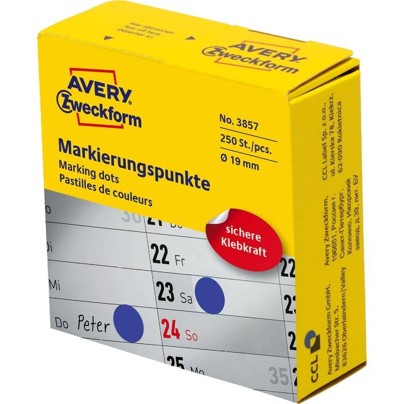 AVERY® Zweckform 3857 Markierungspunkte, Ø 19 mm, 1 Rolle/250 Etiketten, blau