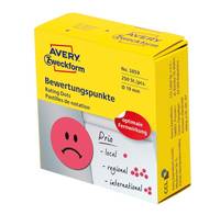 Gelber Avery Zweckform Bewertungspunkt-Aufkleber-Box mit traurigem Gesichtsgraphik und deutschem Text für Bewertungspunkte-Sticker