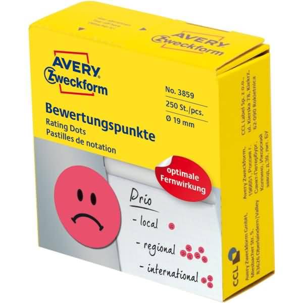 AVERY ZWECKFORM - Avery Bewertungspunkte, Rot, Kreis, Dauerhaft, Papier, 1,9 cm, 250 Stück(e)