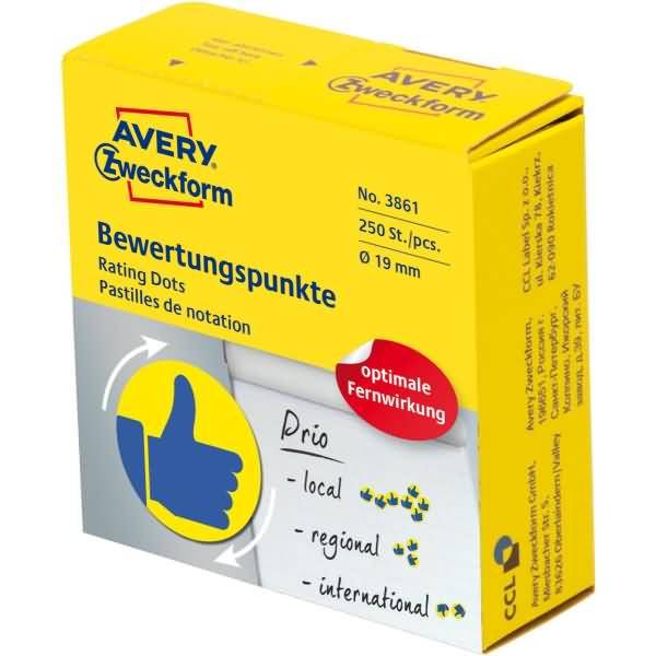 AVERY ZWECKFORM - Avery Bewertungspunkte, Blau, Gelb, Kreis, Dauerhaft, Papier, 1,9 cm, 250 Stück(e)