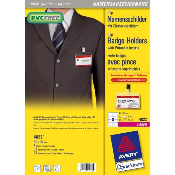 Namensschilder 60x90 mm mit Clip 25 Stück