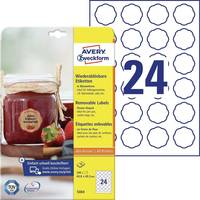 Avery Weckform Packung mit 24 abnehmbaren runden Etiketten, gezeigt mit Honig-Glas- und Fruchtabbildung auf der Verpackung.