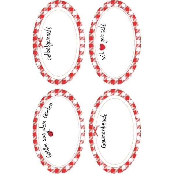 Einmachetiketten Kariert mit Schrift oval rot/weiß/schwarz 8 Stück