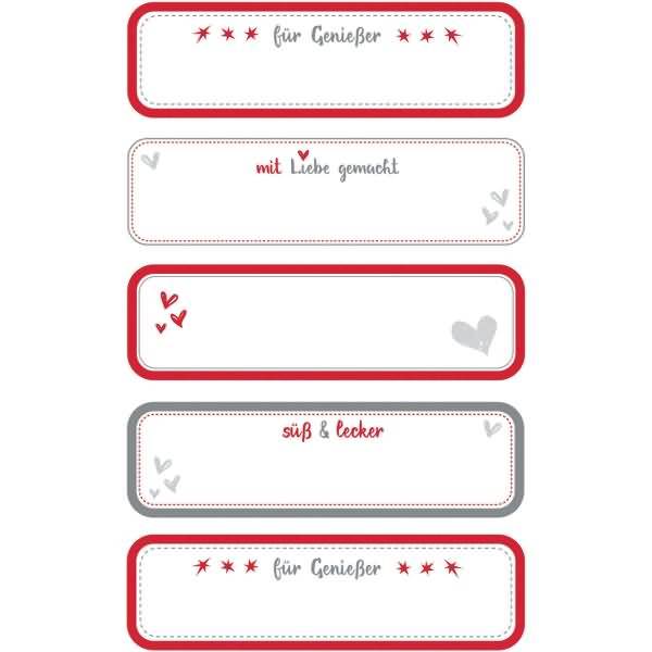 Einmachetiketten rechteckig mit abgerundeten Ecken & Schrift rot/grau 10 Stück