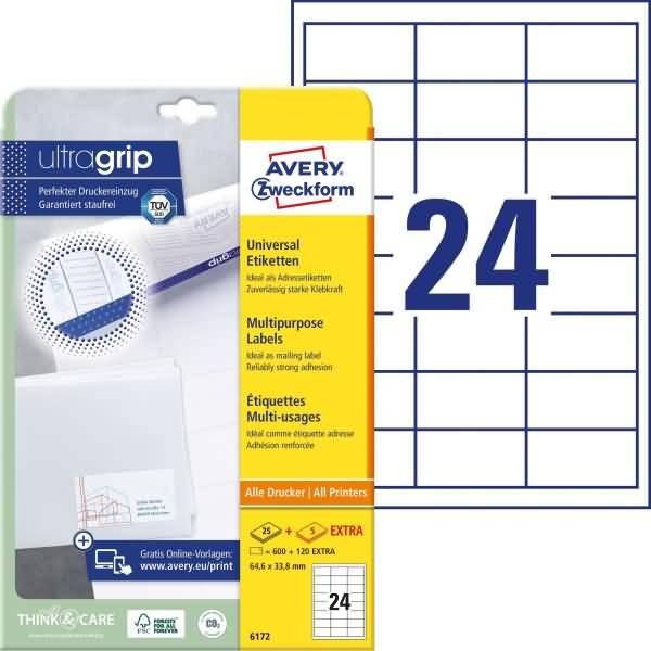 AVERY ZWECKFORM - Avery 6172, Weiß, Rechteck, Dauerhaft, 64.6 x 33.8 mm, A4, Papier