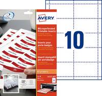 Avery-Paket mit bedruckbaren Etiketten für 10 Etiketten, gezeigt mit einem Blattlayout-Gitter und Etikettenbogen im Karton.