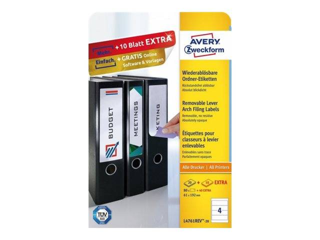 Avery Zweckform L4761 - Papier - entfernbarer Klebstoff - weiß - 61 x 192 mm 80 Etikett(en) (20 Bogen x 4)