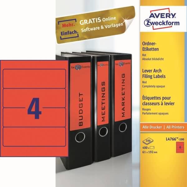 Avery Zweckform rote Ordnerrücken-Etiketten mit großer Nummer 4, dargestellt auf schwarzen Ordnern und Verpackungen zur Organisation von Mappen.
