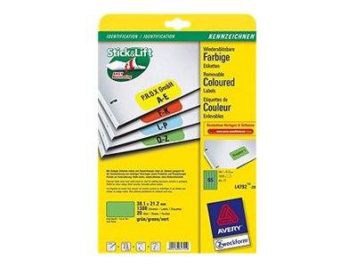 Avery Stick&Lift Packung mit abnehmbaren farbigen Etiketten, zeigt mehrere Etikettengrößen/-farben und Produktdetails auf einer gelben Verpackung.
