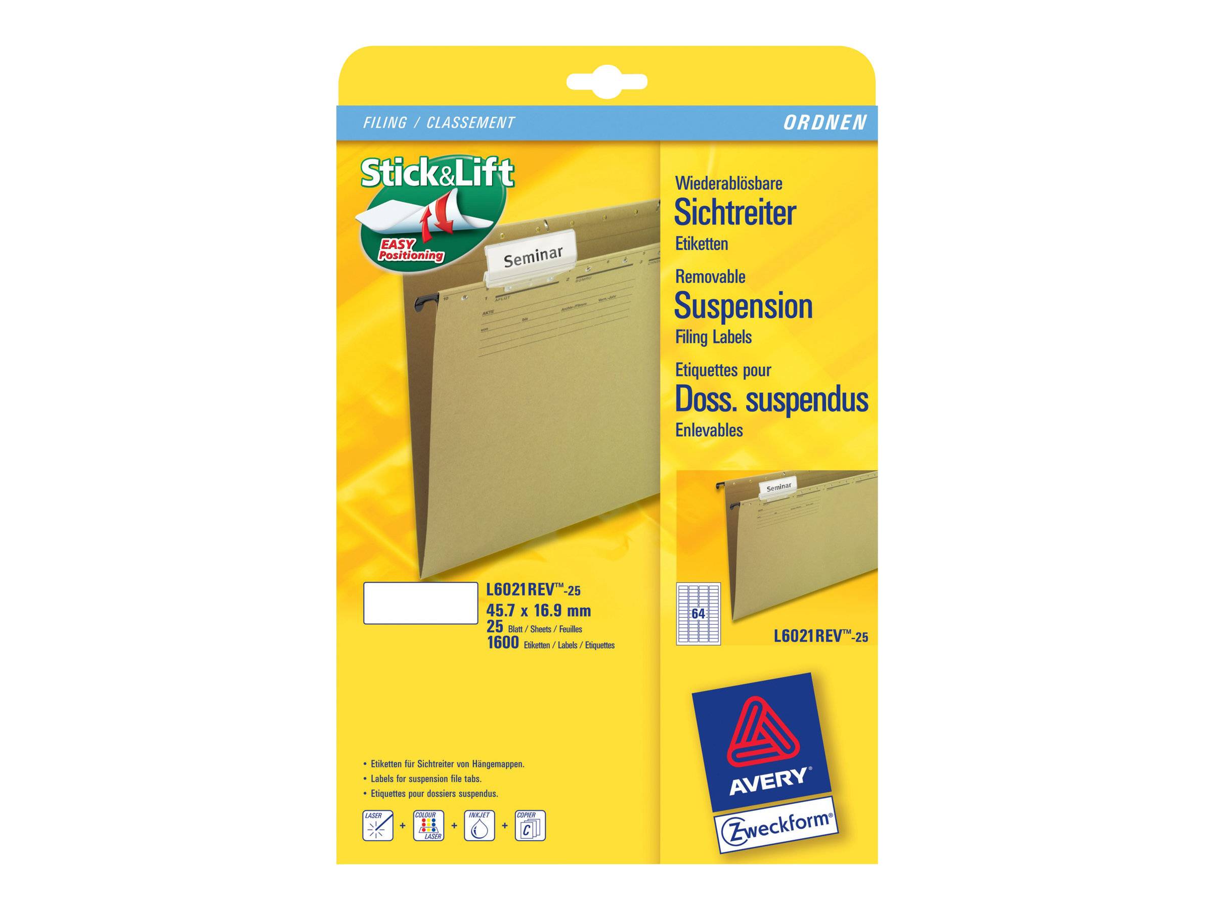 AVERY ZWECKFORM - Avery L6021REV - Weiß - 16.9 x 45.7 mm 1600 Stck. (25 Bogen x 64)