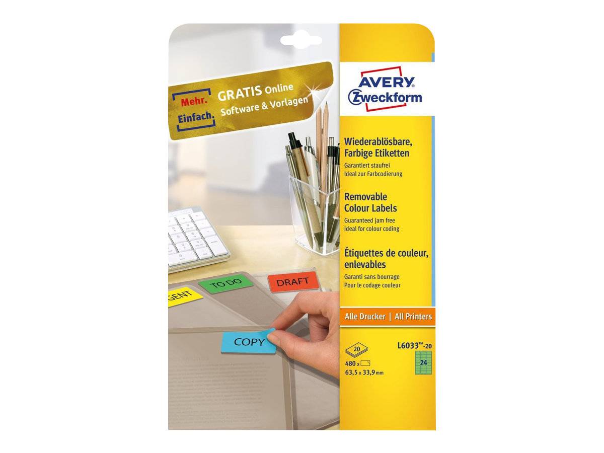AVERY ZWECKFORM - Avery L6033 - Entfernbarer Klebstoff - grün - 63.5 x 33.9 mm 480 Etikett(en) (20 Bogen x 24)