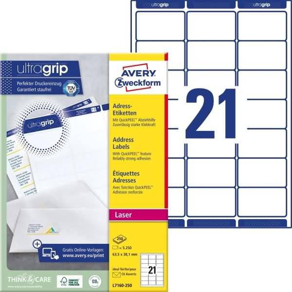 Adress-Etiketten ultragrip 63,5x38,1 mm VE=5.250 Etiketten / 250 Bogen weiß