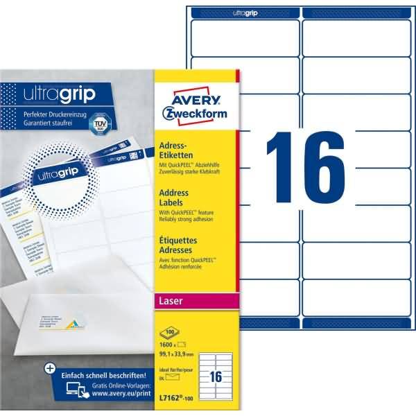 Adress-Etiketten ultragrip 99,1x33,9 mm VE=1.600 Etiketten / 100 Bogen weiß