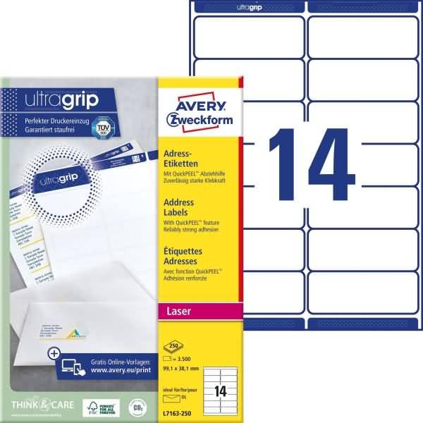 Produktbild von Avery Zweckform UltraGrip Laser-Adressetiketten, zeigt ein Blattvorlagenmuster mit 14 Etiketten und Verpackung für weiße, selbstklebende Adressetiketten.