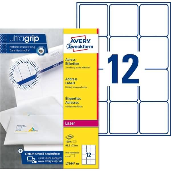 Adress-Etiketten ultragrip 63,5x72 mm VE=1.200 Etiketten / 100 Bogen weiß