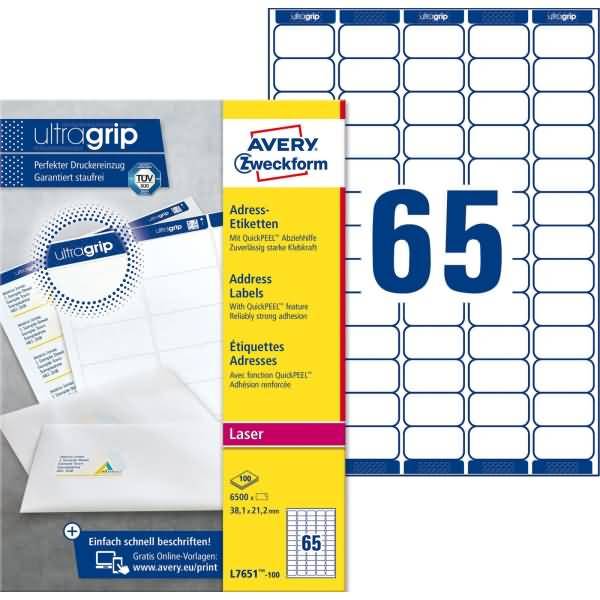 Adress-Etiketten ultragrip 38,1x21,2 mm VE=6.500 Etiketten / 100 Bogen weiß