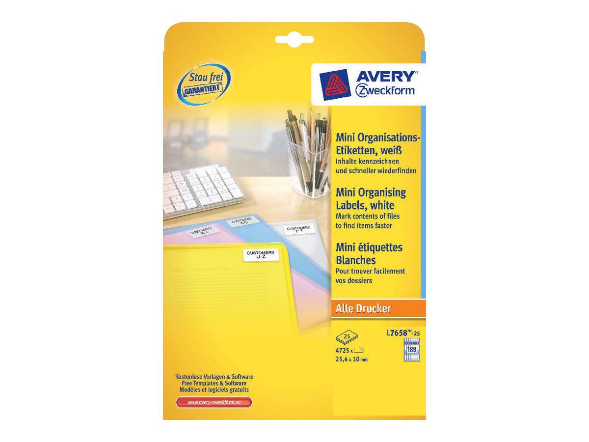 Avery Zweckform Paket für mini weiße Organisationsetiketten, mit gelben Aktenordner-Etikettenblättern für alle Drucker.