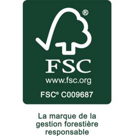 FSC-zertifiziertes Etikett mit Baum-Häkchen-Logo, 'FSC', 'www.fsc.org' und Zertifikatscode 'FSC C009687'; französischer Text darunter lautet 'Das Zeichen verantwortungsvoller Waldwirtschaft'.