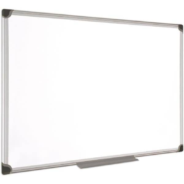 Leeres rechteckiges Whiteboard mit silbernem Rahmen und dunklen Eckenkappen, auf weißem Hintergrund dargestellt.