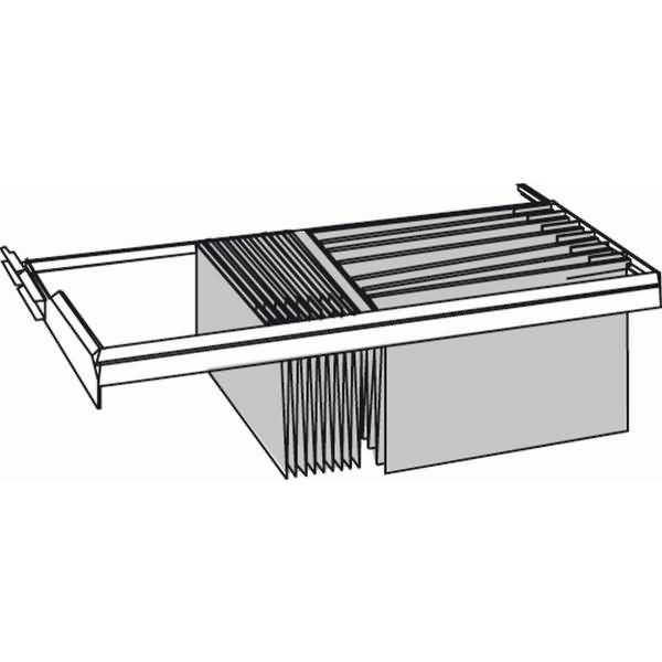 Technisches Diagramm einer ausfahrbaren lamellierter Plattform oder Abdeckung, die teilweise über eine Stützbase ausgefahren ist und geschichtete Paneele sowie Seitenführungen zeigt.