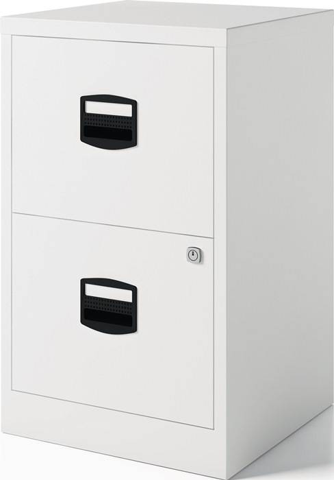 Weißer Metallaktenschrank mit zwei Schubladen, schwarzen Griffleisten und einem kleinen Schloss auf der rechten Seite der oberen Schublade.