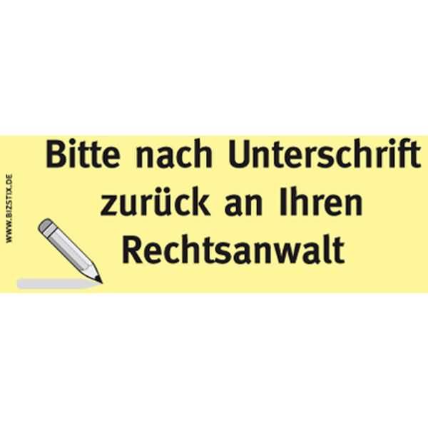 Haftnotizen 75x35mm gelb 'Bitte nach Unterschrift zurück an Ihren Rechtsanwalt' VE=5 Blöcke