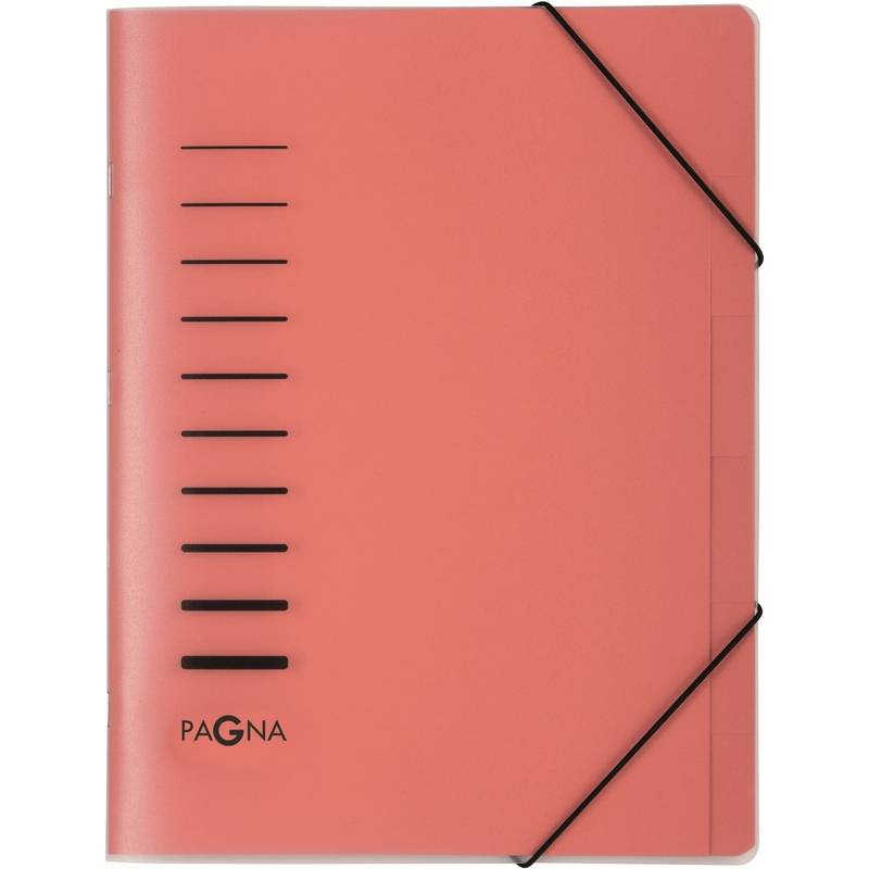 Rosa Pigna-Ordner mit schwarzen elastischen Verschlussbändern und beschrifteter Rückenkante, geschlossen auf neutralem Hintergrund dargestellt.