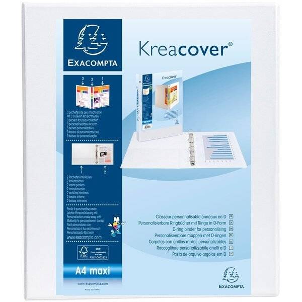 Exacompta Kreadcover A4 Maxi-Ringbinder mit anpassbarem Einband, im Verpackung auf hellblauem Hintergrund gezeigt.
