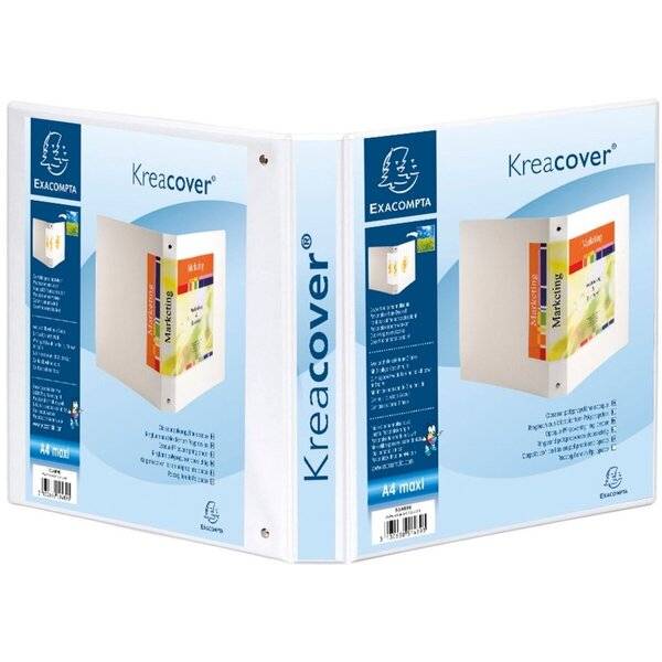 Zwei-Ansicht-Bild von Exacompta Kreacover A4 Maxi-Ringordnern in Hellblau mit weißem Rücken und Produktbranding.