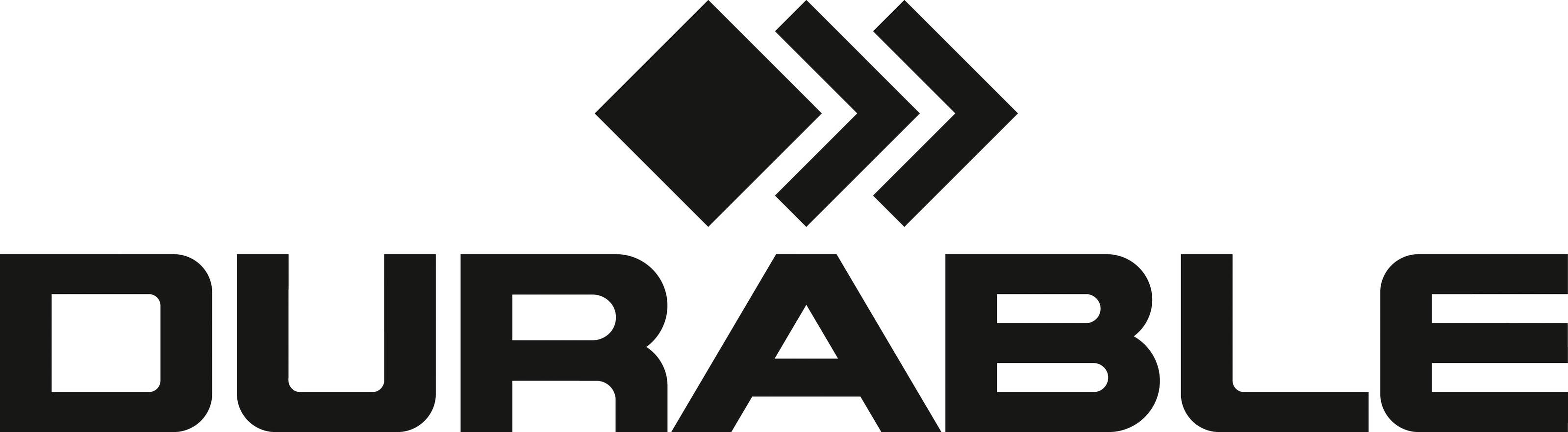 Schwarzes DURABLE-Logo mit drei rautenförmigen Pfeilen über dem Wort auf hellem Hintergrund.