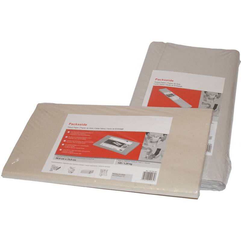 Zwei gefaltete Packseide-Papierblöcke in Kunststoffverpackung, einer beige und einer grau, mit Produktetiketten auf weißem Hintergrund.