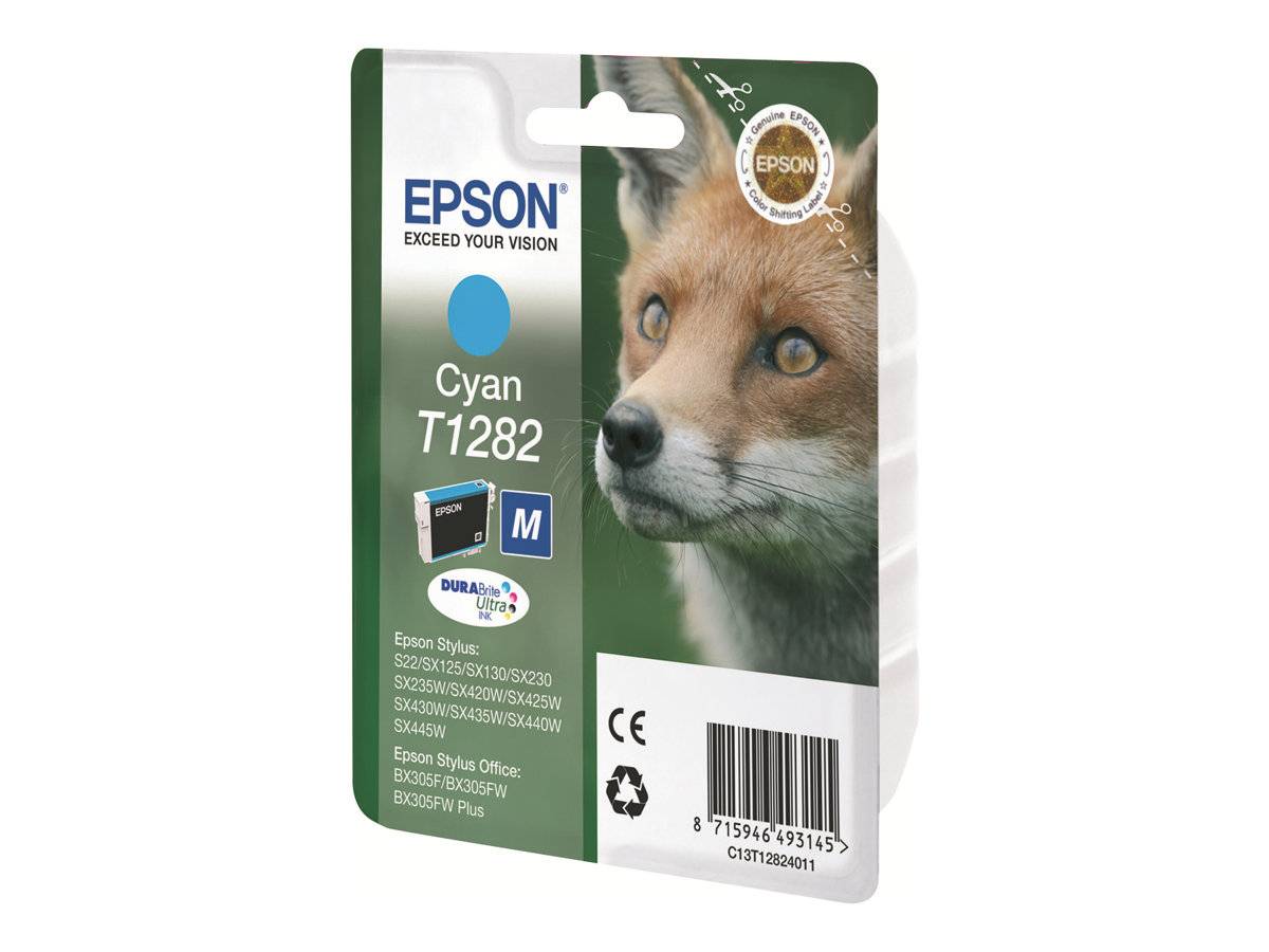 Epson Cyan-Tintenpatrone Verpackung, Modell T1282, mit Fuchsbild und Barcode.