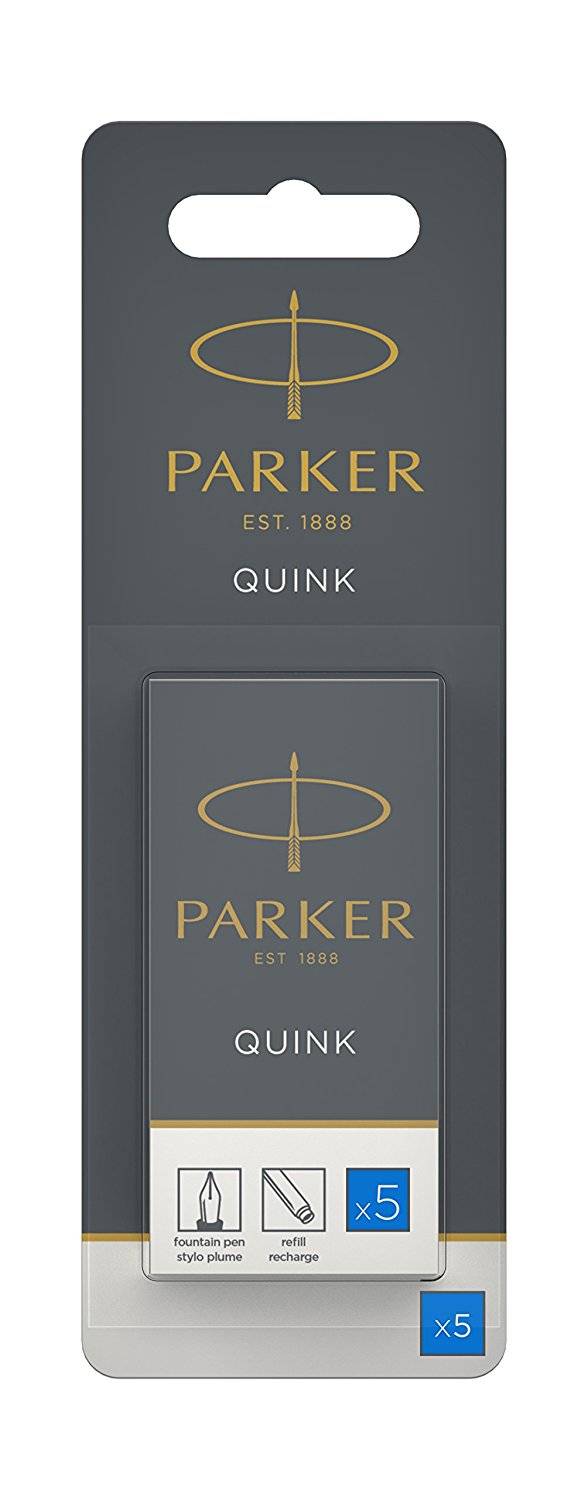 Parker Quink Tintenpatronenppackung, dunkelgrau und goldene Verpackung, zeigt 5 Patronen und ein Fenster für Nachfüllungen