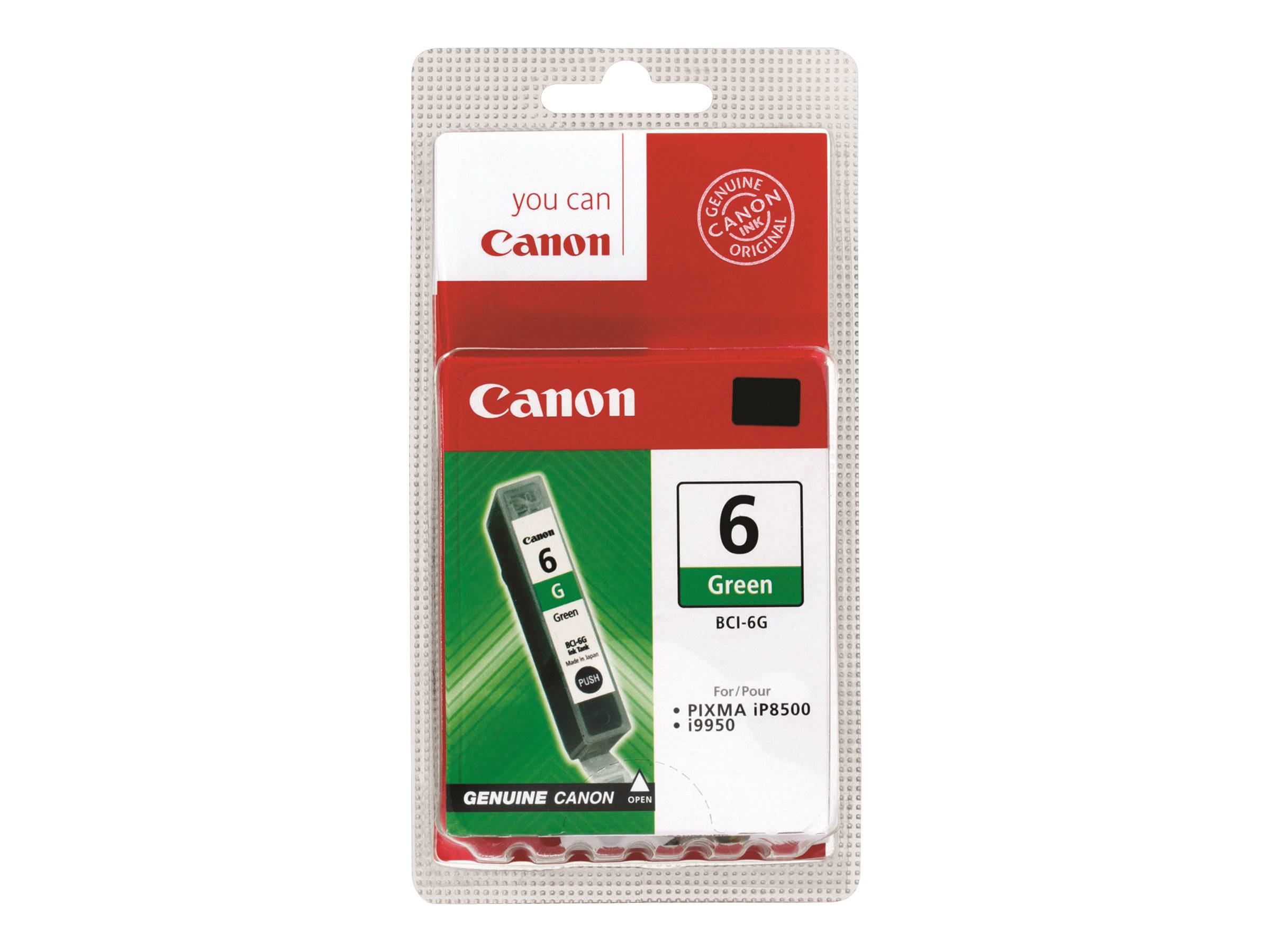 Packung der Canon BCI-6G Grüne Tintenpatrone für PIXMA iP8500 und i9950 Drucker, gekennzeichnet mit „Genuine Canon