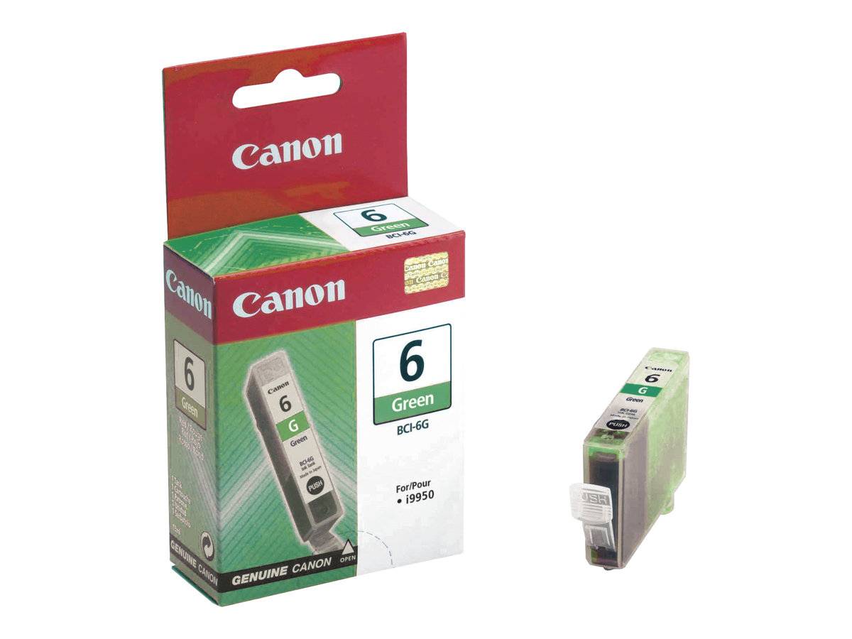 Genuine Canon Tintenpatronensatz und eine einzelne grüne Patrone, gekennzeichnet mit „6 Green