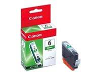 Canon-Tintenpatrone in roter und grüner Einzelhandelsverpackung, neben der Patrone selbst auf weißem Hintergrund dargestellt.