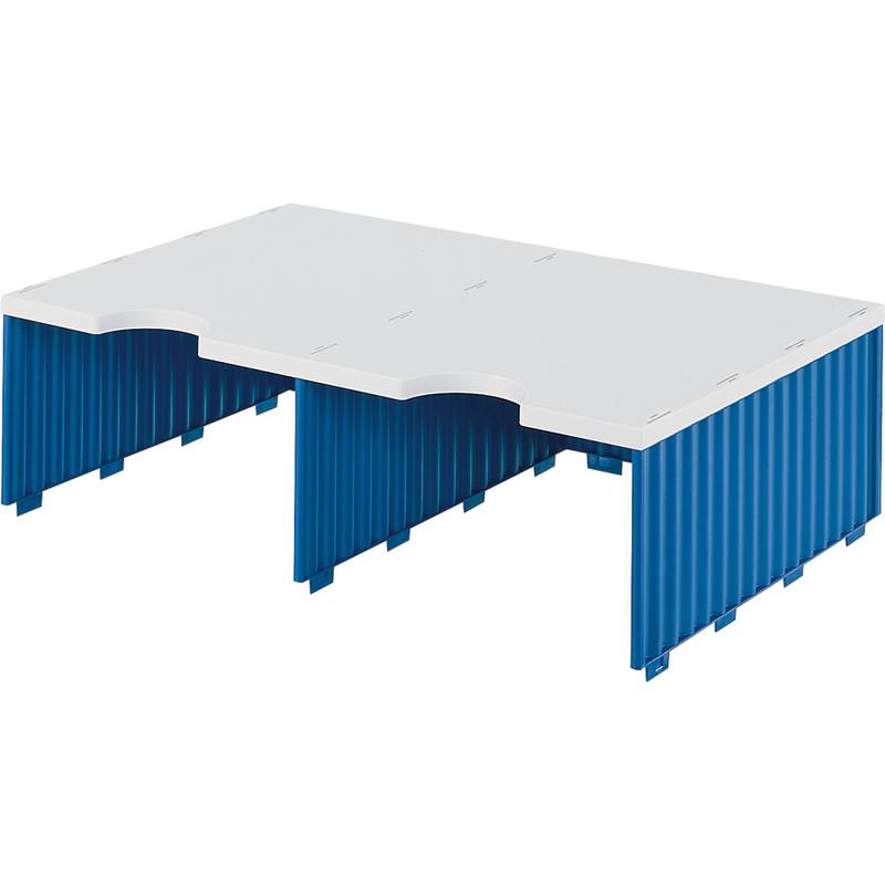 Weißer Tisch mit blauen Wellblechwellenblechbeinen, in einer einfachen Produktstilansicht auf weißem Hintergrund.