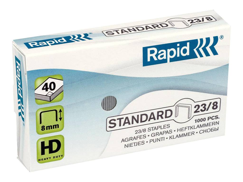 Karton mit Rapid Standard 23/8 Hochleistungs-Heftklammern, gekennzeichnet für 8 mm Verwendung und 1000 Stück.