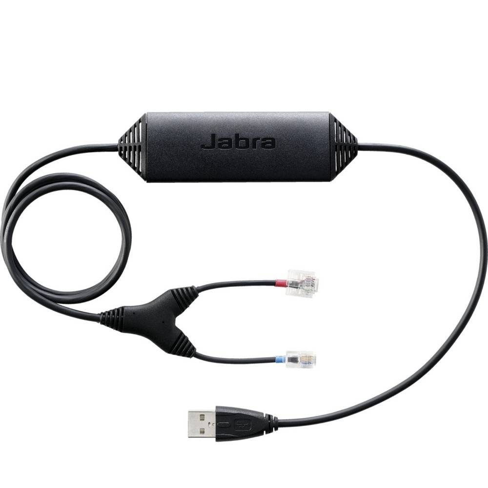 Jabra USB-Kabel mit dualen Anschlüssen und Haupteinheit, mit der Aufschrift 