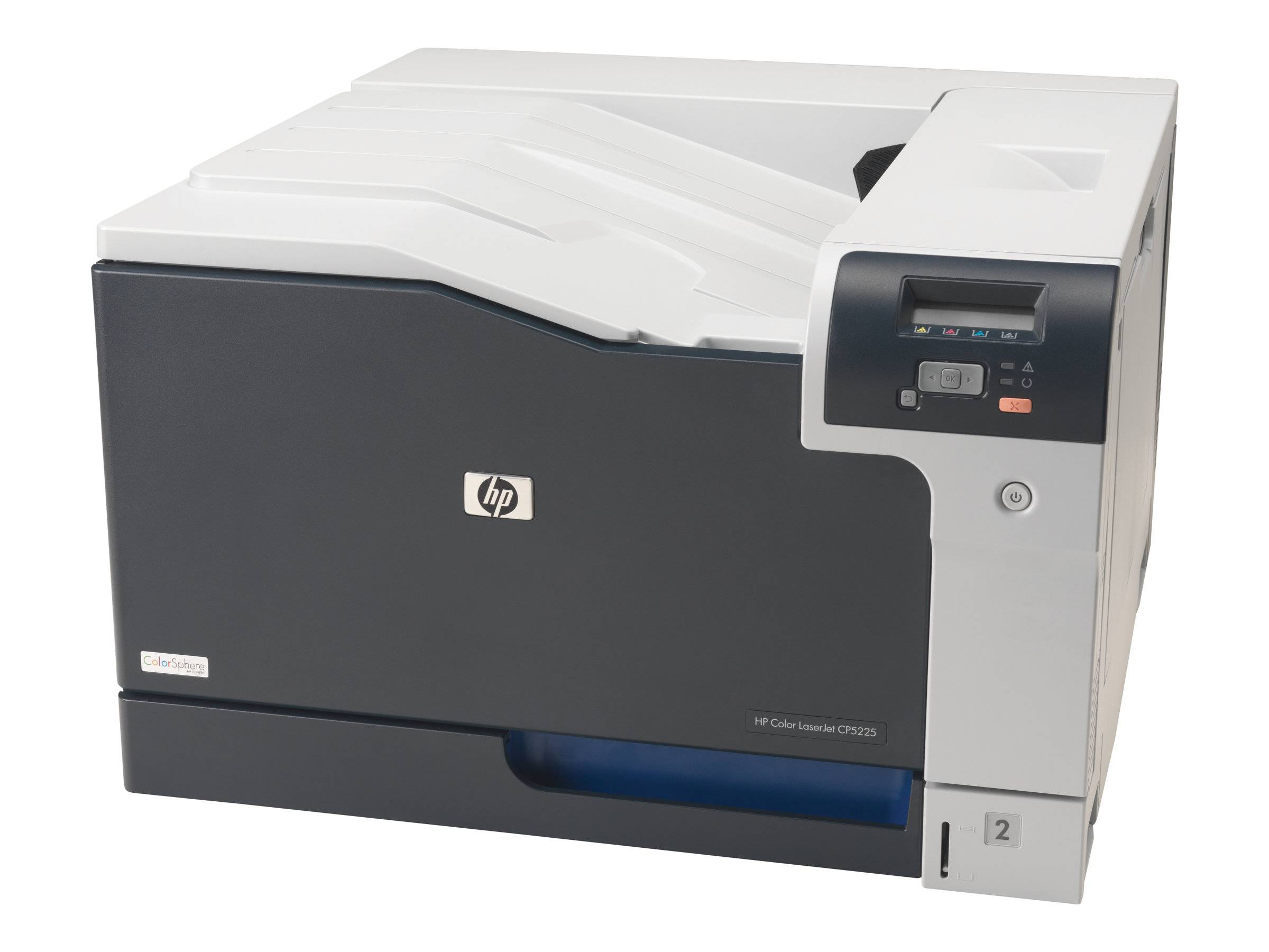 HP Color LaserJet Drucker mit vorderer Bedienblende und Papierfach