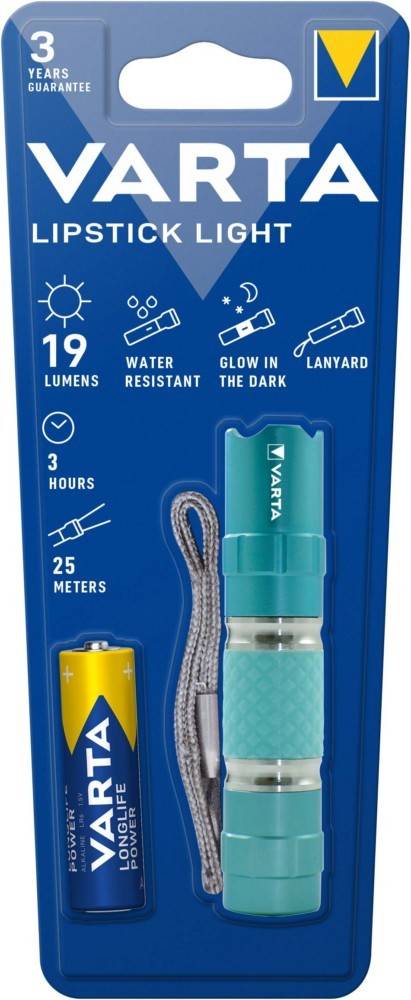 Blaue Taschenlampen-Verpackung mit folgenden Merkmalen: 19 Lumen, wasserdicht, leuchtet im Dunkeln, inklusive Lanyard. Batterie abgebildet.
