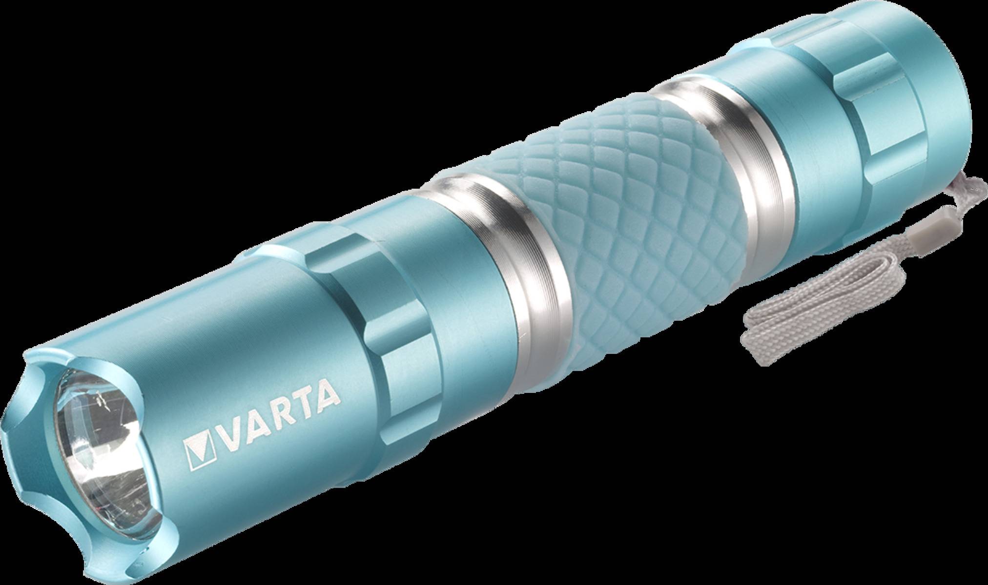 Eine blaue Taschenlampe mit einem strukturierten Griff und metallfarbenen Akzenten, auf deren Griff das Markenlogo zu sehen ist.