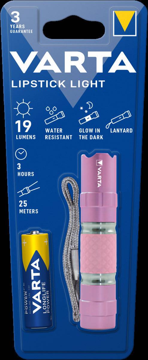 Eine rosa Taschenlampe von Varta mit folgenden Eigenschaften: 19 Lumen, wasserdicht, leuchtet im Dunkeln, inklusive Lanyard. Laufzeit von 3 Stunden, Reichweite von 25 Metern.
