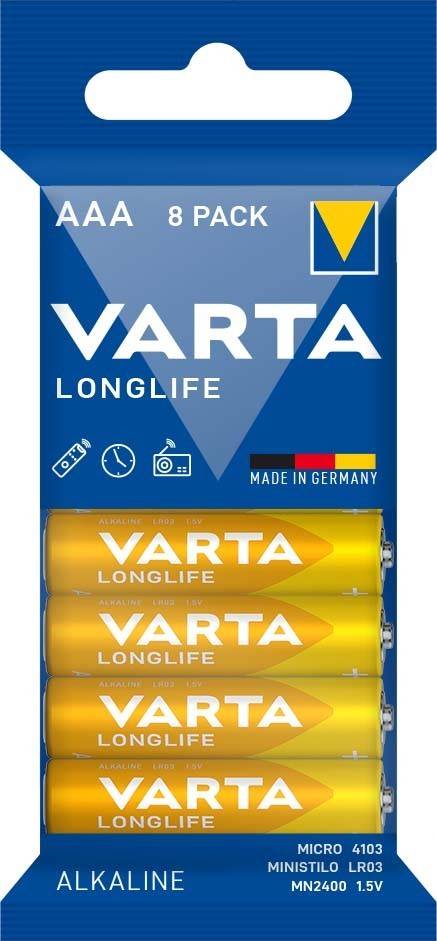 Verpackung von 'VARTA LONGLIFE' Batterien mit drei Symbolen für Musik, Uhren und Spielzeug. Etikett 'Made in Germany' oben rechts.