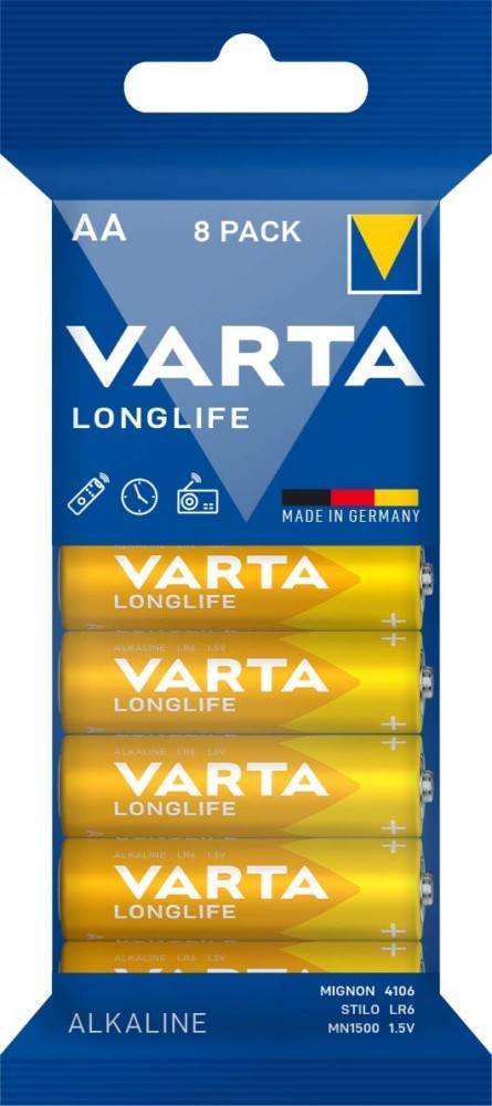 Dreierpack Varta Longlife Alkalibatterien, Größe LR6 AA 1,5V, entwickelt für Geräte wie Uhren und Radios, 